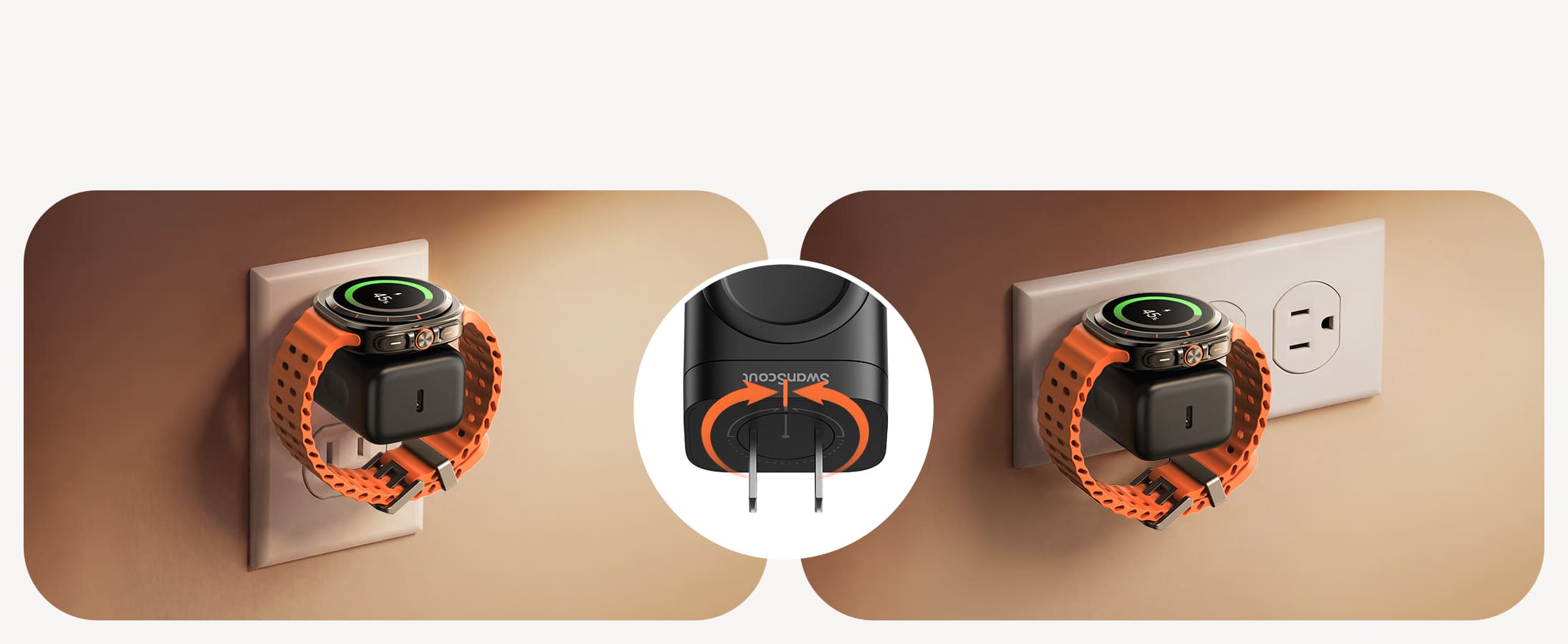 90° rotatable plug keeps Samsung Galaxy Watch level while charging SwanScout 509S