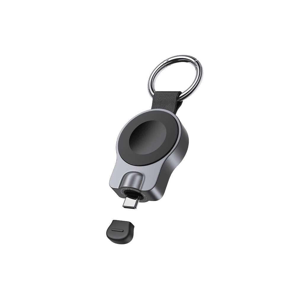 SwanScout 510A portable fast charger for Apple Watch with rotatable USB-C design and silicone cap, right front view.