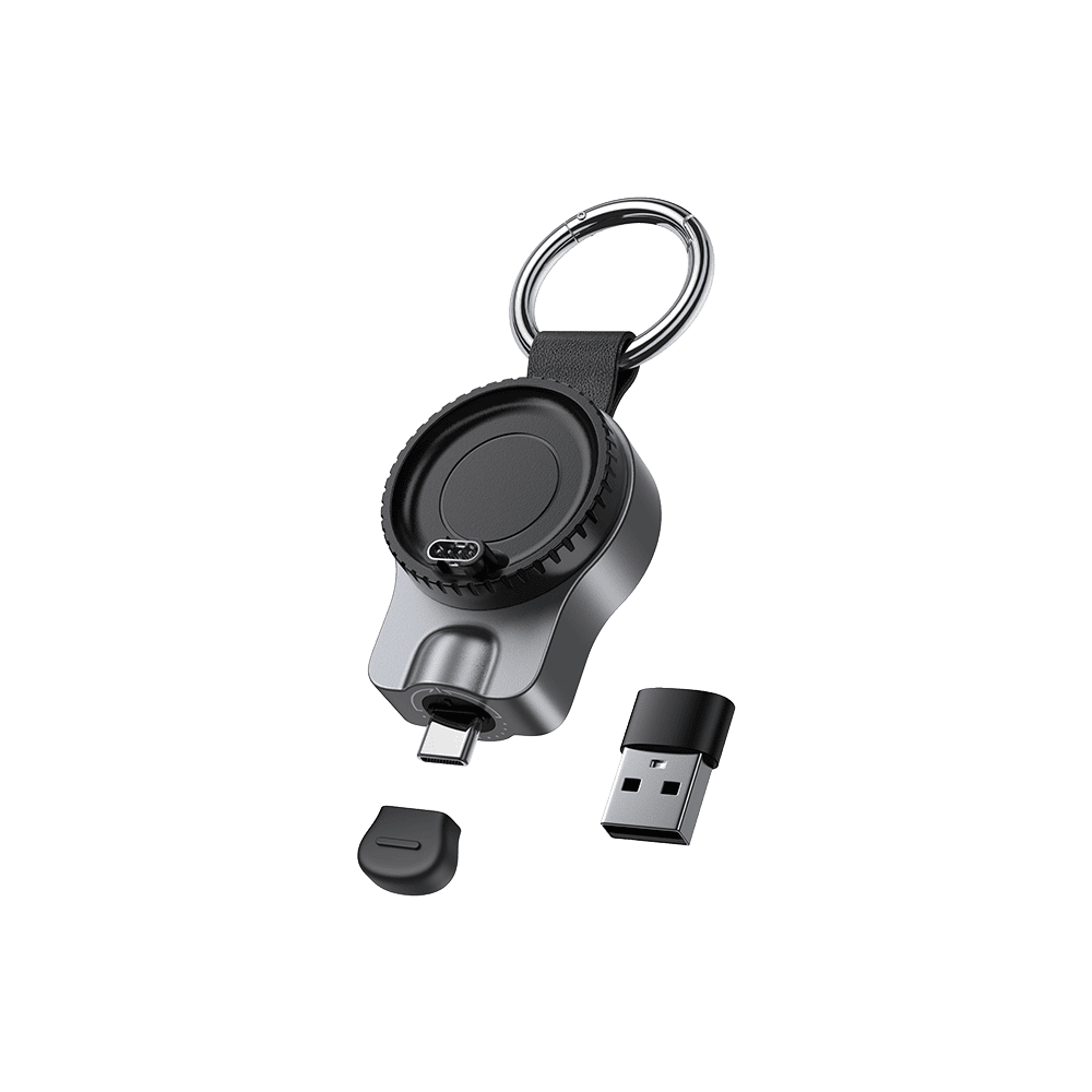 USB-C to USB-A converter and protective silicone cap included with compact Garmin watch charger SwanScout 510GM