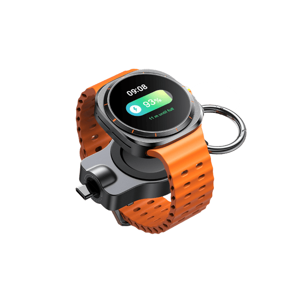 USB-C charger for Samsung Galaxy Watch left front view with Galaxy Watch SwanScout 510S