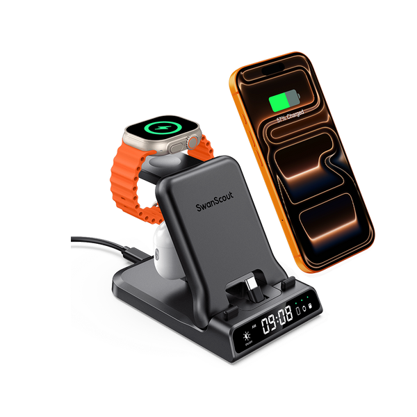 SwanScout 701AC 3-in-1 wired fast charging station with digital clock, charging iPhone 16, Apple Watch, and AirPods simultaneously via USB-C ports