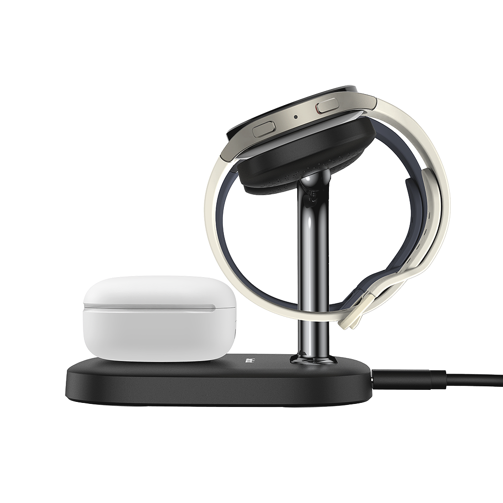 Side view of the black SwanScout 704S showing its ergonomic nightstand mode, keeping Samsung Galaxy Watches organized and accessible while charging