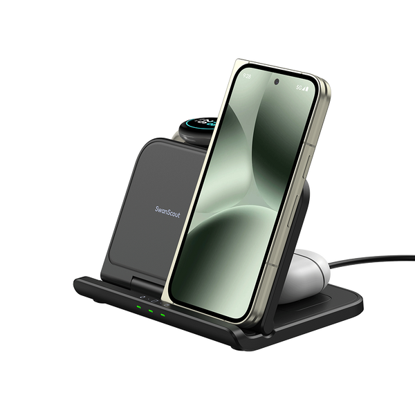 SwanScout 705G 25W wireless charging station powering a Google Pixel 9 Pro Fold, Pixel Watch 1, and Pixel Buds Pro 2 simultaneously