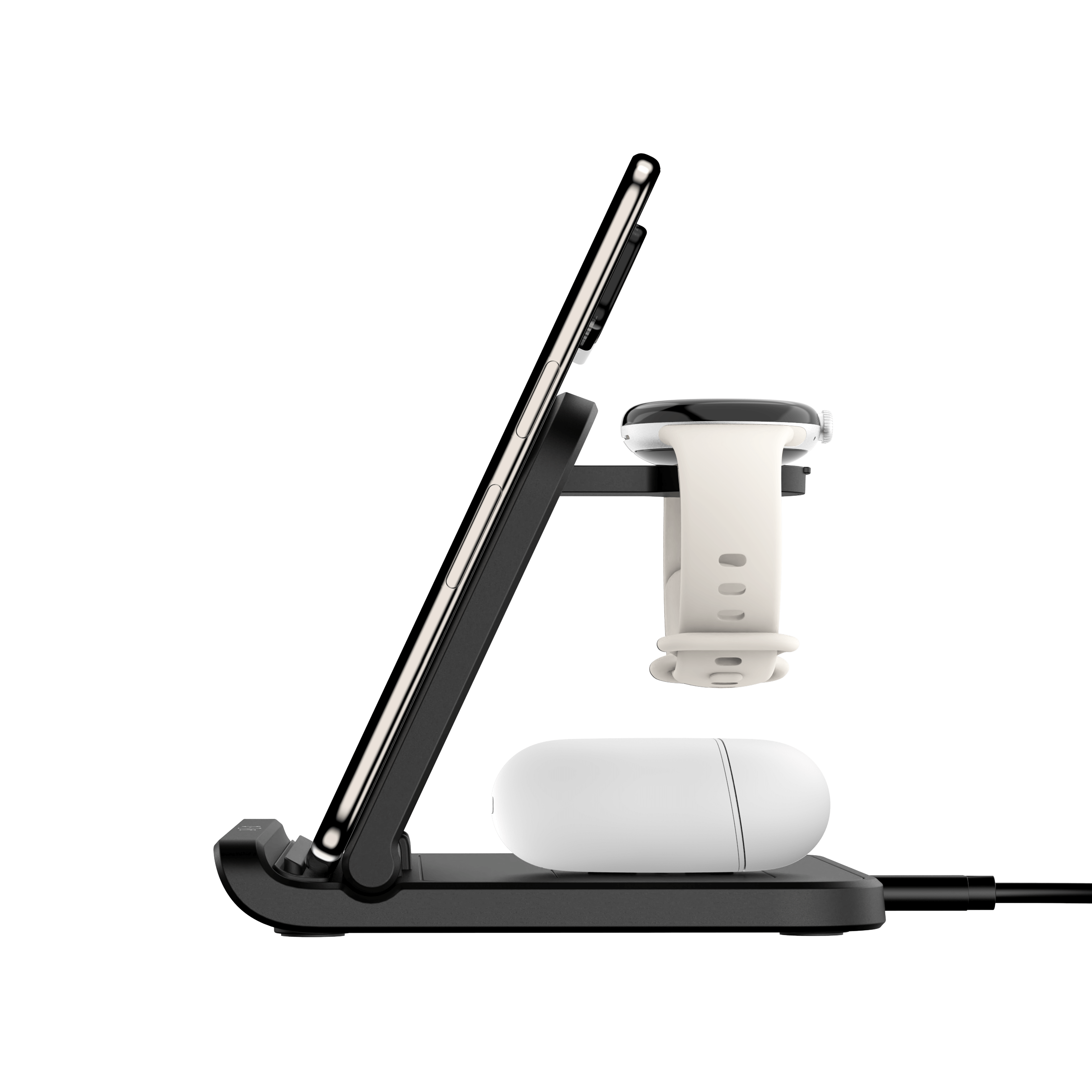 Side view of SwanScout 705G with a folded phone in vertical orientation, demonstrating stability and case compatibility up to 5mm thick