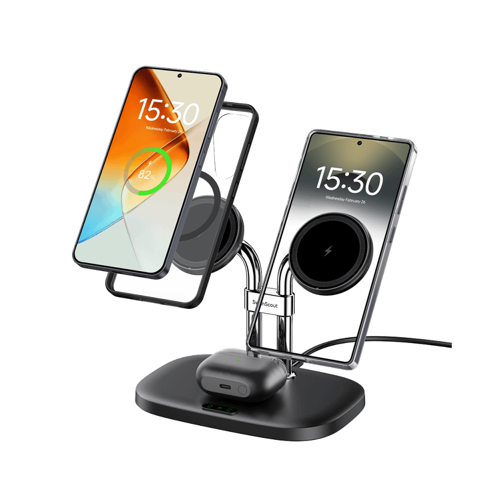 SwanScout 706SM charging station powering a Samsung Galaxy S25 and an iPhone 16 Pro simultaneously with strong magnetic alignment