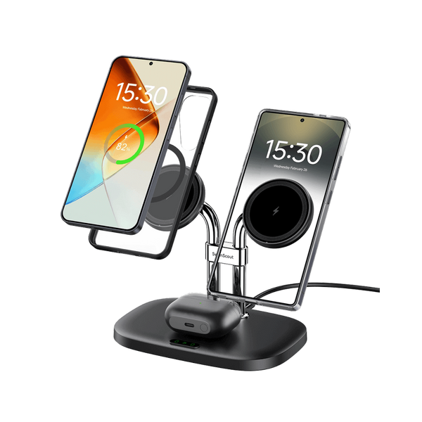 SwanScout 706SM dual magnetic charger for Samsung and iPhone, showing sleek design and magnetic connectors for easy device charging.