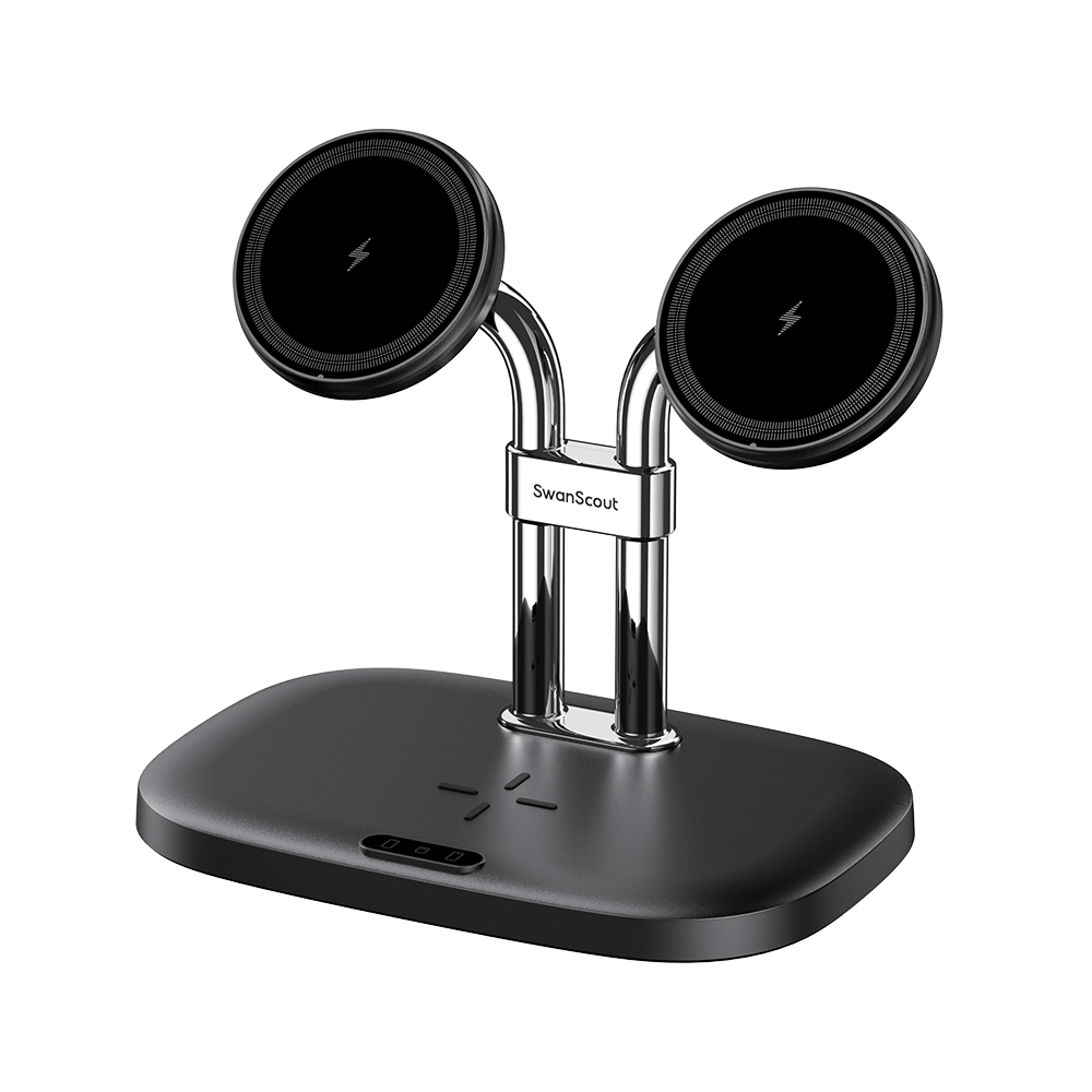 SwanScout 706SM dual magnetic wireless charger for Samsung smartphones on a stand with strong magnetic alignment.