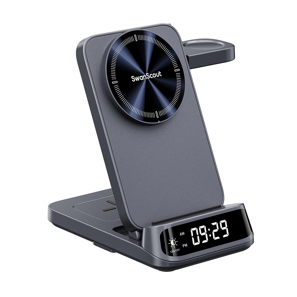 SwanScout 708SM 3-in-1 magnetic wireless charger for Samsung Galaxy Watch 8 with clock display, left view.