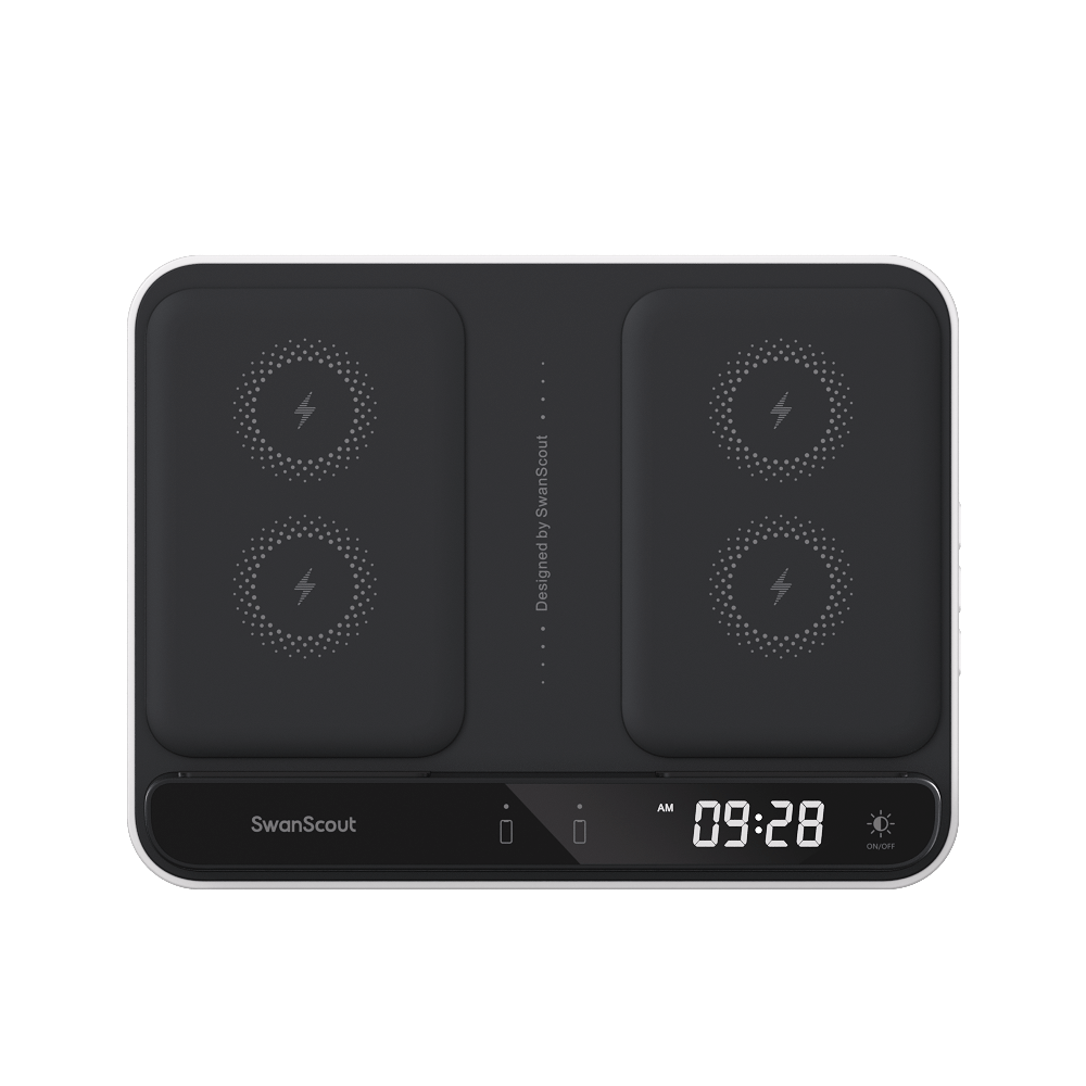 Front view of SwanScout 710S highlighting the touch-controlled digital clock with 12/24-hour format and four adjustable brightness levels