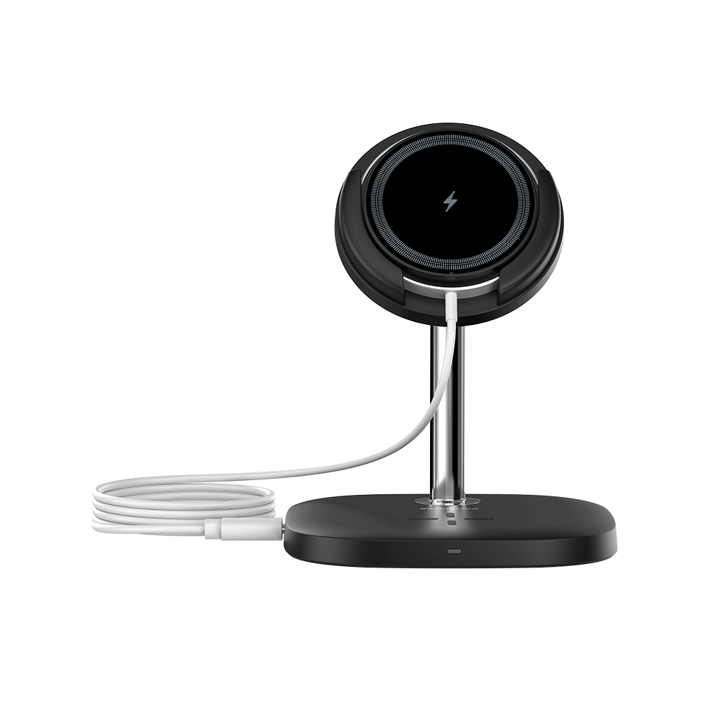 Front view of SwanScout 711M showing the compact foldable design and the dedicated wireless charging spot for AirPods 4 and Pro series