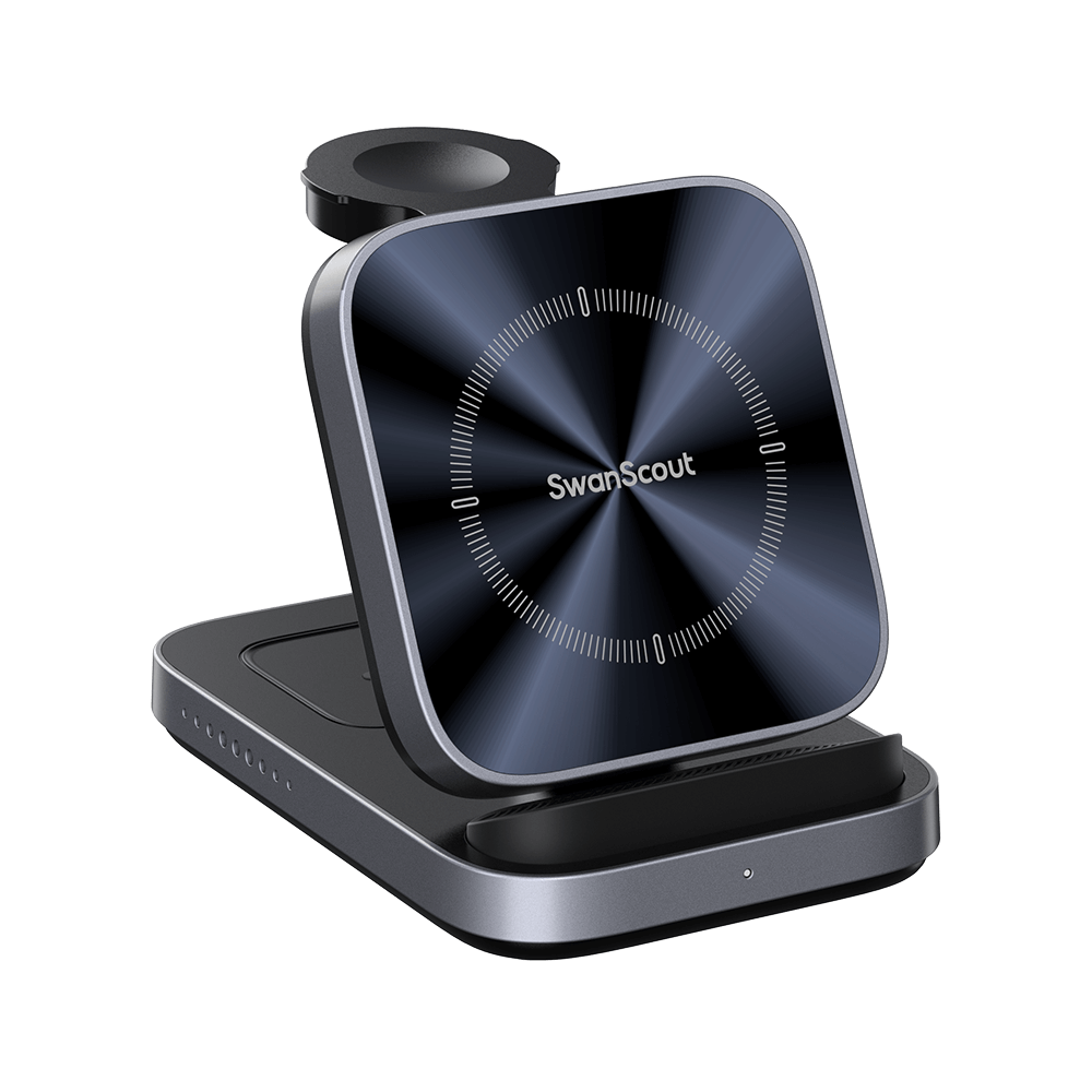 SwanScout 713A foldable 3-in-1 wireless charger for Apple devices, featuring fast charging for iPhone, Apple Watch, and AirPods.