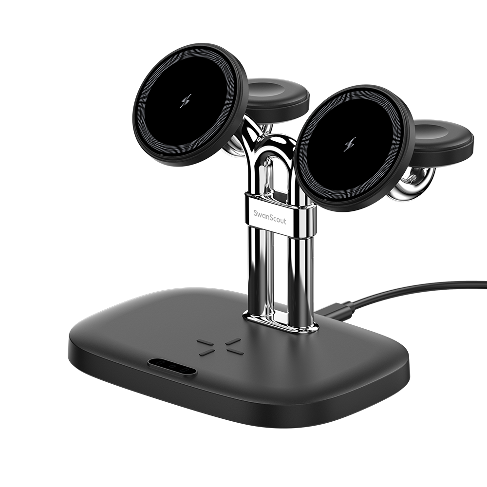 SwanScout 902M 5-in-1 wireless charging station for Apple devices with dual iPhone magnetic alignment chargers.