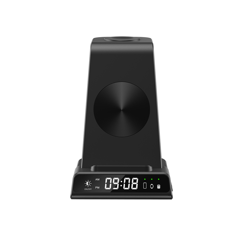 SwanScout C02 3-in-1 wireless charging stand with sleep-friendly dimmable clock for Apple devices, featuring sleek design and charger station.