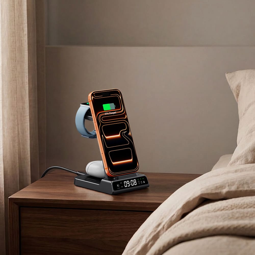 SwanScout C01FB wireless charger on nightstand featuring dimmed clock display for bedroom use