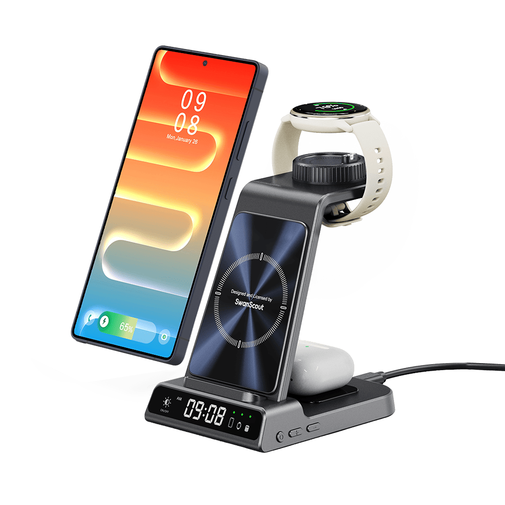 SwanScout C01GM dock charging a Garmin watch, a phone and earbuds at the same time