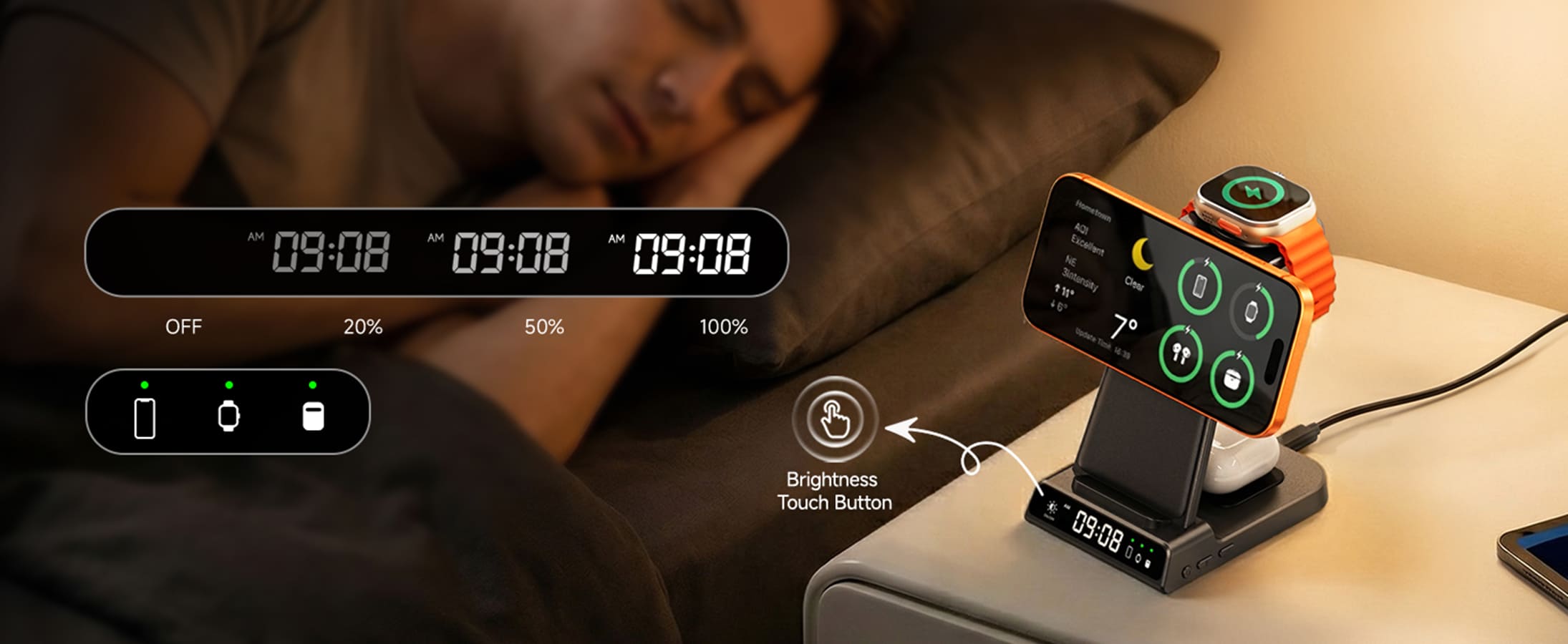 Wireless 3 in 1 charger nightstand bedside charging iPhone Apple Watch AirPods clock display charging indicators SwanScout C02M