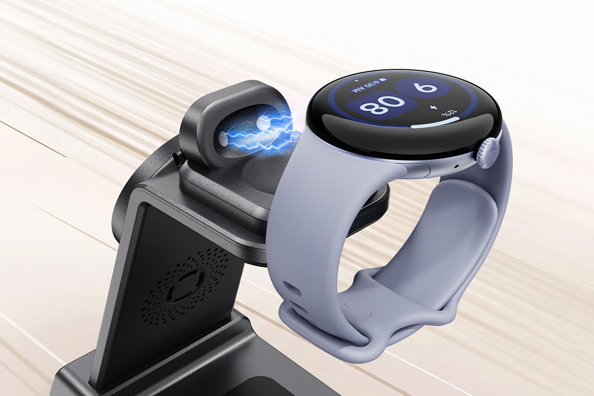 Pixel Watch snapping onto the magnetic watch charger of SwanScout C02MG4