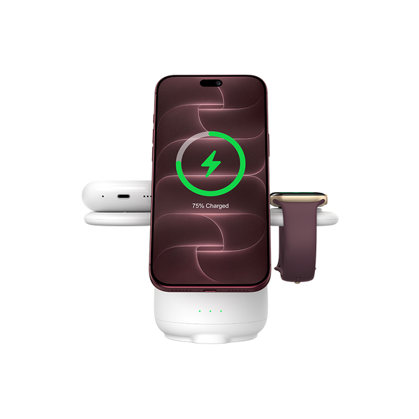 Wireless charger powering iPhone 18 Pro earbuds and watch with SwanScout S10026M