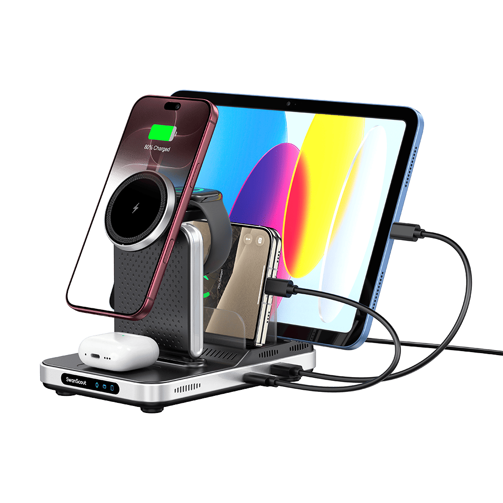 5-in-1 wireless car charger powering iPhone 18 Pro iPhone Duo earbuds watch and tablet with SwanScout S10030M